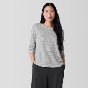 Eileen Fisher Striped Organic Linen Jersey Crew Neck Long Sleeve Tee Shirt XS